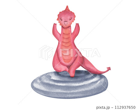Red dragon meditating on stone. Animal practicing yoga exercises. Abstract dragon. Watercolor illustration isolated on white background. For yoga, spa center, logo 112937650