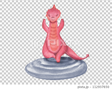 Red dragon meditating on stone. Animal practicing yoga exercises. Abstract dragon. Watercolor illustration isolated on white background. For yoga, spa center, logo 112937650