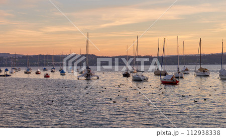 Bodensee Lake Sunrise Panorama. Morning Sunlight Over Tranquil Waters. 112938338