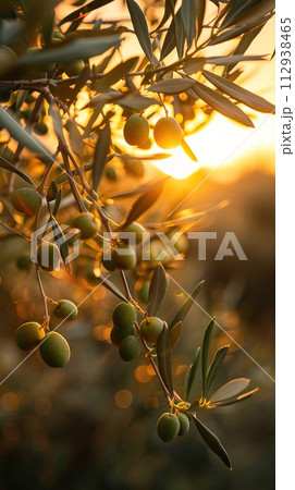 Olives hanging on a branch during a golden sunset, Generated AI. Olives hanging on a branch during a golden sunset, Generated AI. 112938465
