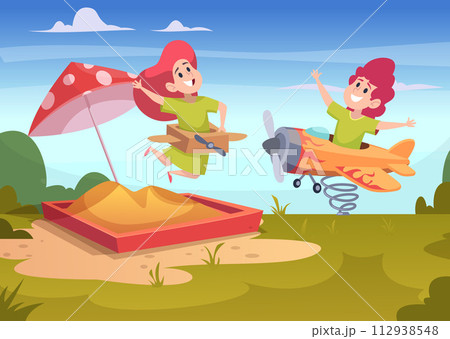 Kids playground kids playing outdoor with airplane toys flying and jumping vector cartoon background 112938548