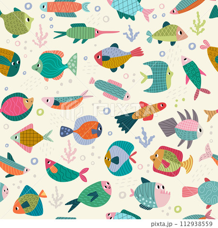 Fish pattern. Set of underwater life with fishes recent vector seamless background 112938559