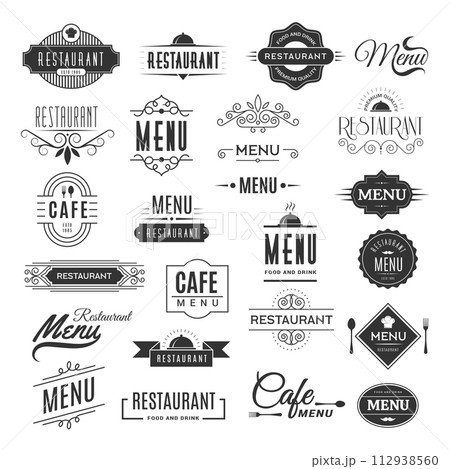 Menu badges. Stylized symbols templates for restaurant menu design projects recent vector cafe logotype collections Menu badges. Stylized symbols templates for restaurant menu design projects recent vector cafe logotype collections 112938560