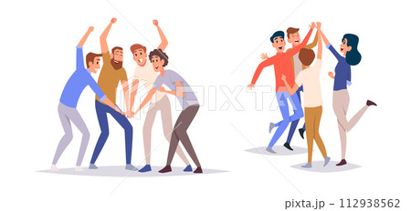 Business team. Group of success managers celebrate business victory exact vector happy characters in work collaboration Business team. Group of success managers celebrate business victory exact vector happy characters in work collaboration 112938562