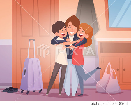 Happy kids. Vector cartoon background family hugging kids and parents exact illustration template Happy kids. Vector cartoon background family hugging kids and parents exact illustration template 112938563