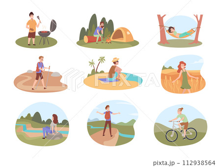 Relax people. Nature outdoor characters lying in various poses exact vector relax persons 112938564