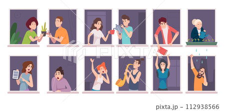 People in window. Neighbors help through window frames exact vector people in their houses 112938566