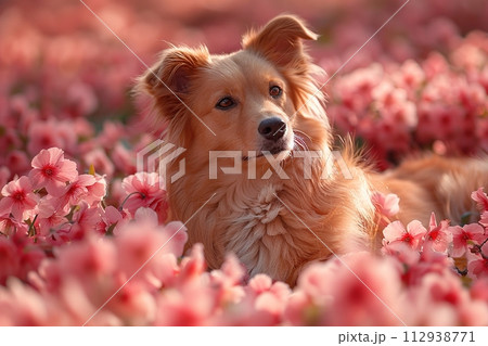 Dog amidst a field of pink flowers looking back. Generated AI. Dog amidst a field of pink flowers looking back. Generated AI. 112938771