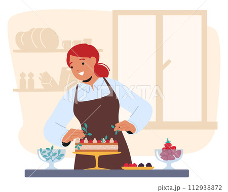 Woman Skillfully Adorns A Cake With Fresh Berries And Toppings On A Kitchen Counter, Cartoon People Vector Illustration 112938872