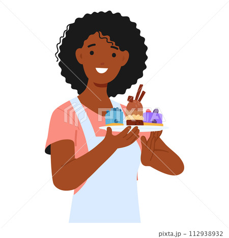 Black Woman Holds Homemade Dessert With Pride, Radiating Joy And Accomplishment, Reflect Her Passion And Skill Black Woman Holds Homemade Dessert With Pride, Radiating Joy And Accomplishment, Reflect Her Passion And Skill 112938932
