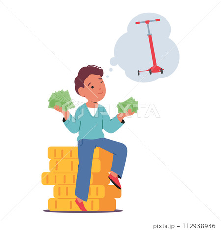Young Boy Sits Atop A Mountain Of Cash, Eyes Sparkling With Dreams, Envisioning The Day He Rides His Very Own Scooter 112938936