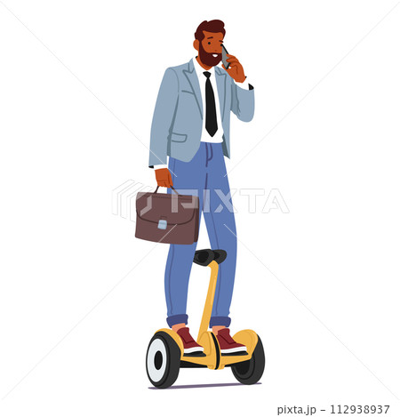 Businessman Character Expertly Balanced On Segway, Glides Through The Cityscape, His Focused Gaze Locked On The Horizon 112938937