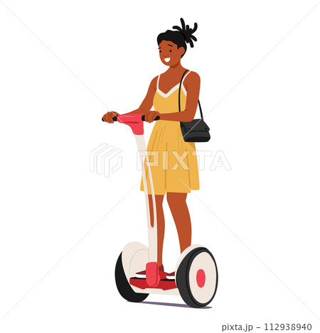 Woman Gracefully Rides Her Segway, Navigating The Streets With A Blend Of Elegance And Modernity, Vector Illustration 112938940