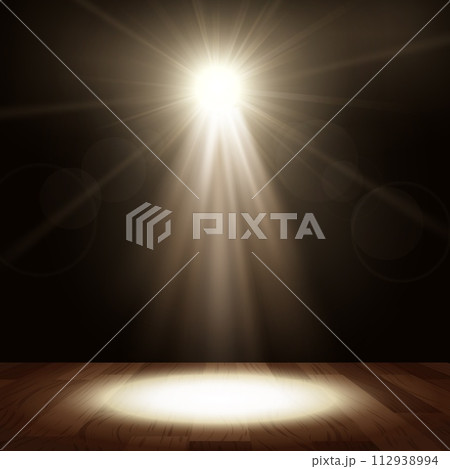Bright Spotlights in Show Performance with Wood Floor, Vector Illustration 112938994