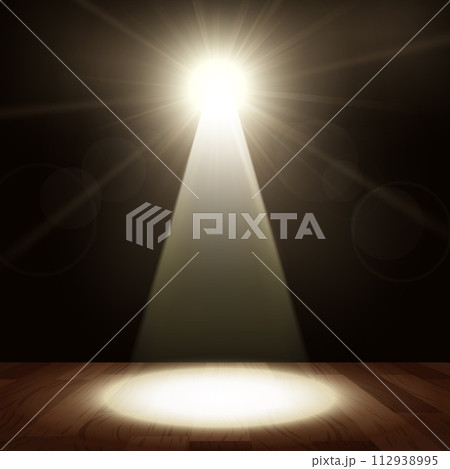 Bright Spotlights in Show Performance with Wood Floor, Vector Illustration 112938995