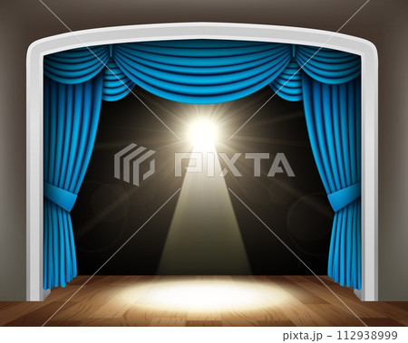 Blue Curtain of Classical Theater with Spotlight on Wood Floor, Vector Illustration Blue Curtain of Classical Theater with Spotlight on Wood Floor, Vector Illustration 112938999