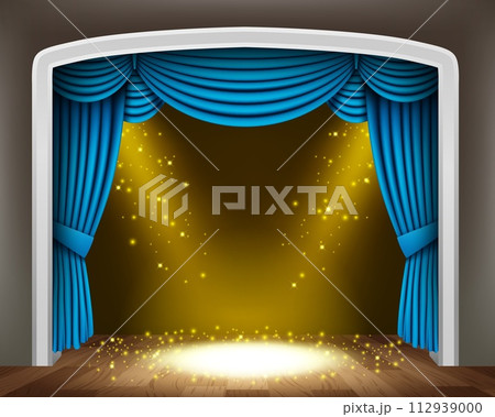 Blue Curtain of Classical Theater with Gold Spotlights on Wood Floor, Vector Illustration 112939000