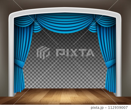 Blue Curtain of Classical Theater with Transparent Interior, Vector Illustration 112939007