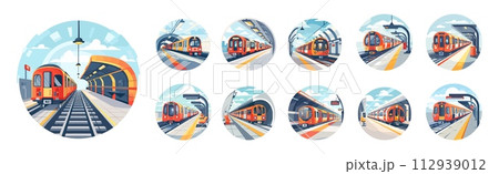 AI-generated content. Train station cartoon vector scenes. Ground departure arrival location railway wagons carriage different models, sky clouds open space illustration isolated on white background 112939012