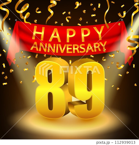 Happy 89th Anniversary Celebration with Golden Confetti and Spotlight, Vector Illustration 112939013