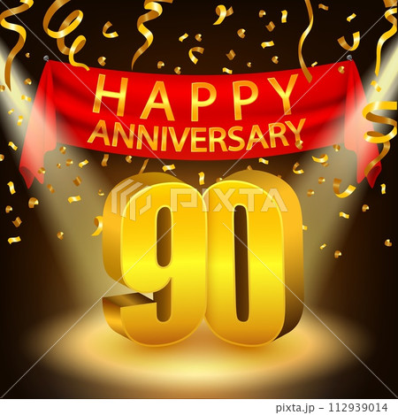 Happy 90th Anniversary Celebration with Golden Confetti and Spotlight, Vector Illustration 112939014