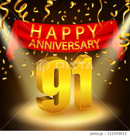 Happy 91th Anniversary Celebration with Golden Confetti and Spotlight, Vector Illustration 112939015