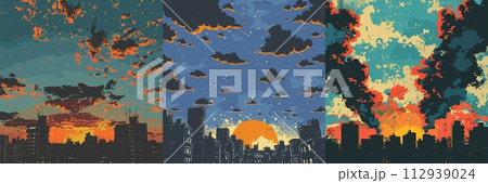 AI-generated content. Sunset cityscape skyline graffiti art vector concepts. Early morning cloudy colorful sky with dark urban silhouettes, stylish graphic illustrations 112939024
