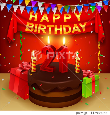 Happy 21th Birthday with Chocolate Cream Cake and Triangular Flag, Vector Illustration Happy 21th Birthday with Chocolate Cream Cake and Triangular Flag, Vector Illustration 112939036