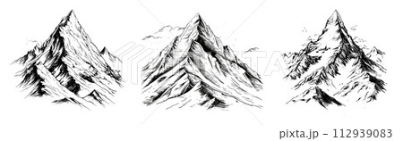 AI-generated content. Rock mountains pencil sketch style vector set. Stone ridges panoramic view wild black colour landscapes, illustrations isolated on white background 112939083