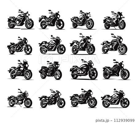AI-generated content. Motorcycles transport black white logos. Two wheeled vehicle icons, moto chopper dragster roadster nightster, street modern classical models, vector elements isolated on white 112939099