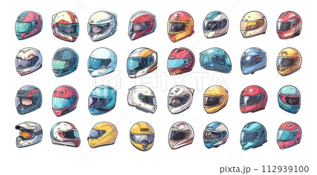 AI-generated content. Motorcycle helmets cartoon style vector collection. Modern old models road protection defense equipment, moto accessories color illustrations isolated on white background AI-generated content. Motorcycle helmets cartoon style vector collection. Modern old models road protection defense equipment, moto accessories color illustrations isolated on white background 112939100