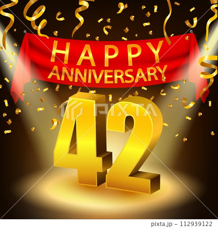 Happy 42th Anniversary Celebration with Golden Confetti and Spotlight, Vector Illustration 112939122