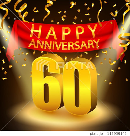 Happy 60th Anniversary Celebration with Golden Confetti and Spotlight, Vector Illustration 112939143