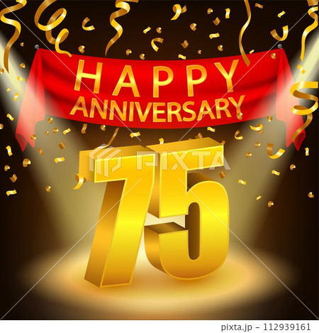 Happy 75th Anniversary Celebration with Golden Confetti and Spotlight, Vector Illustration 112939161