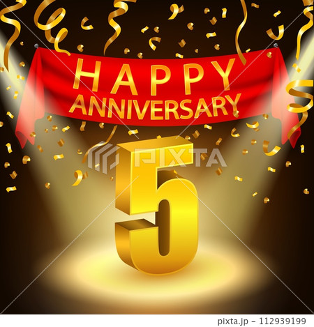 Happy 5th Anniversary Celebration with Golden Confetti and Spotlight, Vector Illustration Happy 5th Anniversary Celebration with Golden Confetti and Spotlight, Vector Illustration 112939199