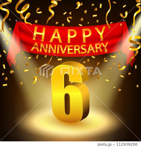 Happy 6th Anniversary Celebration with Golden Confetti and Spotlight, Vector Illustration 112939200
