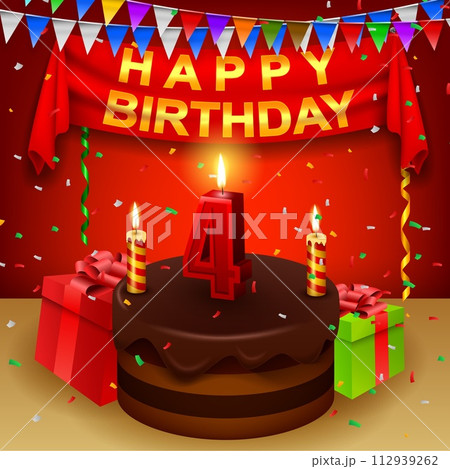 Happy 4th Birthday with Chocolate Cream Cake and Triangular Flag, Vector Illustration 112939262