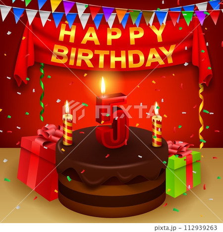 Happy 5th Birthday with Chocolate Cream Cake and Triangular Flag, Vector Illustration 112939263