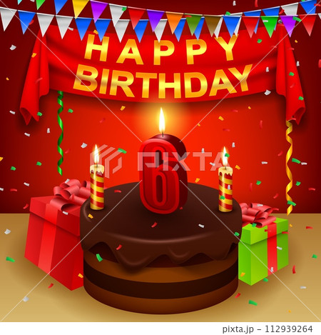 Happy 6th Birthday with Chocolate Cream Cake and Triangular Flag, Vector Illustration 112939264