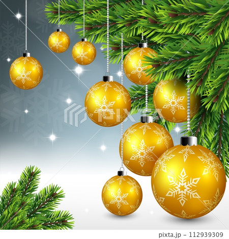 Gold Christmas Ball Hanging on Pine Leaves, Vector Illustration Gold Christmas Ball Hanging on Pine Leaves, Vector Illustration 112939309