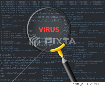 Scanning virus on script background with magnifying glass concept, Vector Illustration Scanning virus on script background with magnifying glass concept, Vector Illustration 112939438