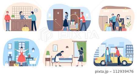 Hotel guests scenes. Travelers and hostel or residence staff. Reception and cleaning service, porter with luggage and transfer. Recent vector concept 112939476