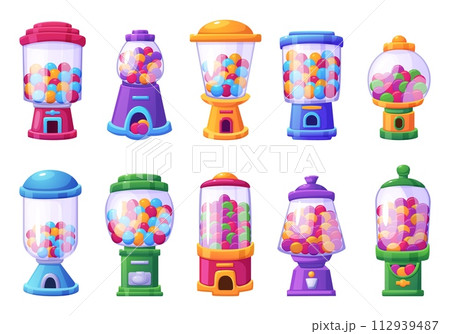 Cartoon candy machine. Isolated vending machines with bubble gum and sweet candies. Childish entertainment, glass packing with sweets nowaday vector set Cartoon candy machine. Isolated vending machines with bubble gum and sweet candies. Childish entertainment, glass packing with sweets nowaday vector set 112939487