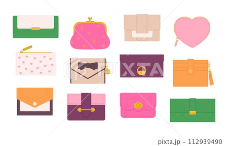 Female wallets. Isolated women wallet, fabric and leather colorful accessories. Tiny purse with decorations for coins, racy vector fashion elements 112939490