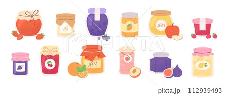 Homemade marmalade jars. Glass jar with different fruit and berry marmalades. Isolated pear, apple, strawberry jam, racy vector sweet deserts Homemade marmalade jars. Glass jar with different fruit and berry marmalades. Isolated pear, apple, strawberry jam, racy vector sweet deserts 112939493