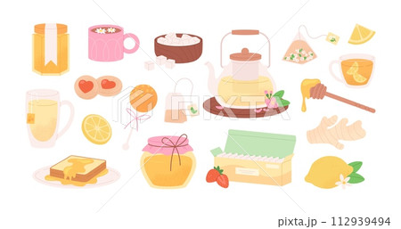 Teatime and honey. Isolated mug, jars and cookies. Ginger and lemon, chamomile tea pack and lollipops. Toast with caramel, racy vector sweet clipart Teatime and honey. Isolated mug, jars and cookies. Ginger and lemon, chamomile tea pack and lollipops. Toast with caramel, racy vector sweet clipart 112939494