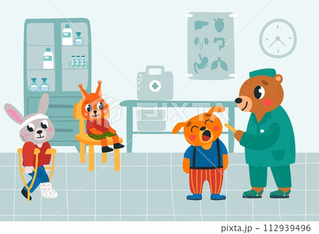 Visit doctor in hospital. Pediatrician sees young patients. Bear in medical uniform, sick bunny, squirrel and little dog. Classy vector cartoon scene 112939496