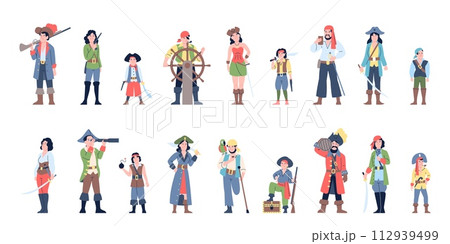 Male and female pirates. Corsair and ship team, children and adults in theater or performance costumes. Marine adventures, tales recent vector characters 112939499