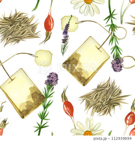 Tea bags, herbal tea from meadow herbs, oregano flowers, rose hips, oregano, drawn in watercolor. Watercolor pattern. For printing on fabric, paper, design, scrapbooking, product packaging. Tea bags, herbal tea from meadow herbs, oregano flowers, rose hips, oregano, drawn in watercolor. Watercolor pattern. For printing on fabric, paper, design, scrapbooking, product packaging. 112939694