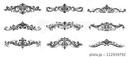 AI-generated content. Royal ornate dividers. Ornamental swirls graphics on white, black calligraphic elements, luxury decorative retro flourishes AI-generated content. Royal ornate dividers. Ornamental swirls graphics on white, black calligraphic elements, luxury decorative retro flourishes 112939792